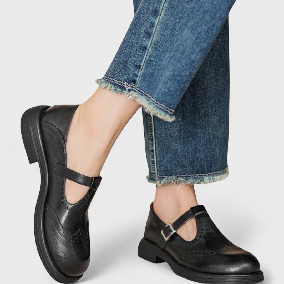 Women's Mary Jane Shoes, Brogue Detailing, Buckle Strap
