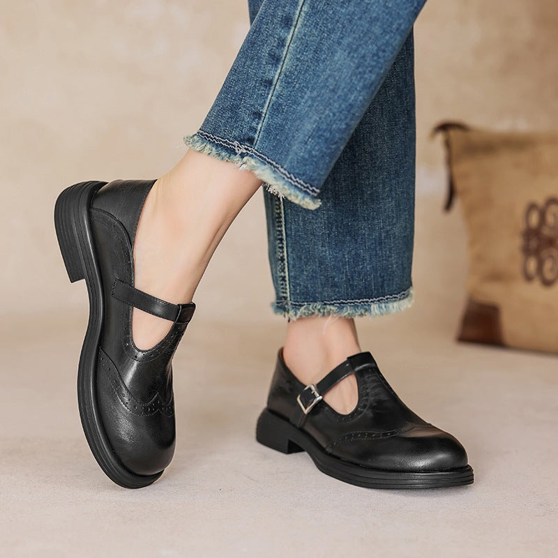 Women's Leather Mary Jane Shoes with T-Strap Buckle | Brogue Detail and Low Block Heel | Size 5-10.5, Brown or Black