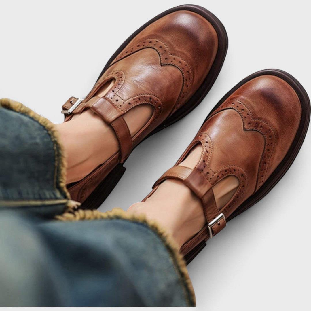Women's Mary Jane Shoes, Brogue Detailing, Buckle Strap