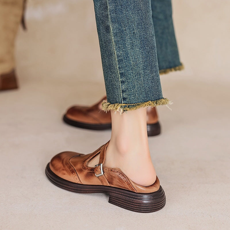 Women's Leather Mary Jane Shoes with T-Strap Buckle | Brogue Detail and Low Block Heel | Size 5-10.5, Brown or Black