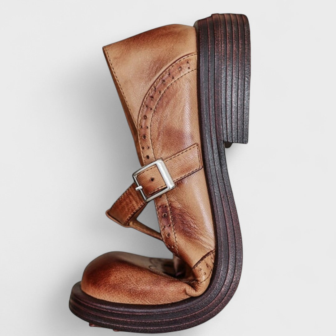 Women's Mary Jane Shoes, Brogue Detailing, Buckle Strap