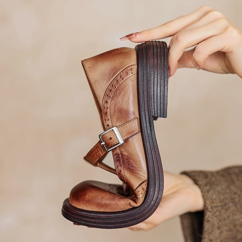 Women's Leather Mary Jane Shoes with T-Strap Buckle | Brogue Detail and Low Block Heel | Size 5-10.5, Brown or Black