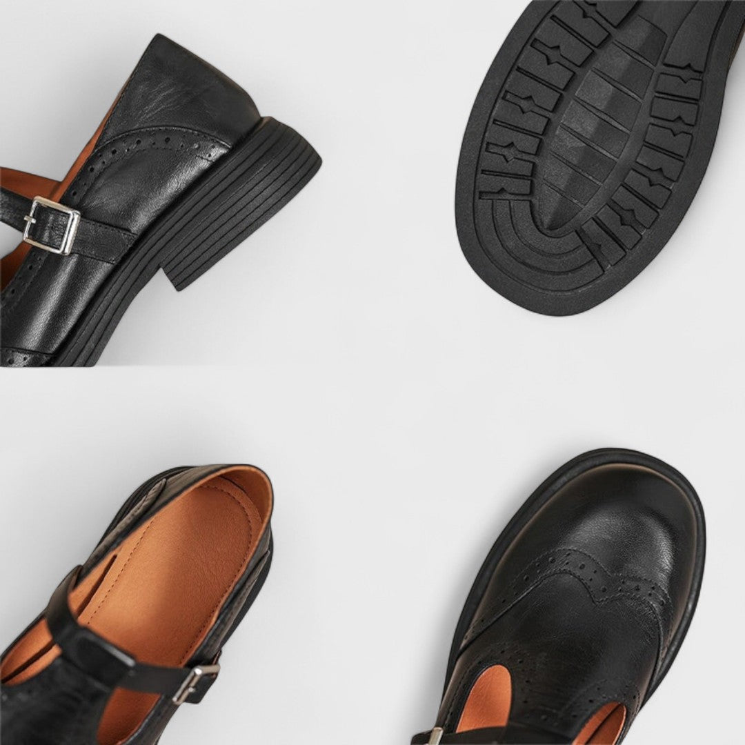 Women's Mary Jane Shoes, Brogue Detailing, Buckle Strap