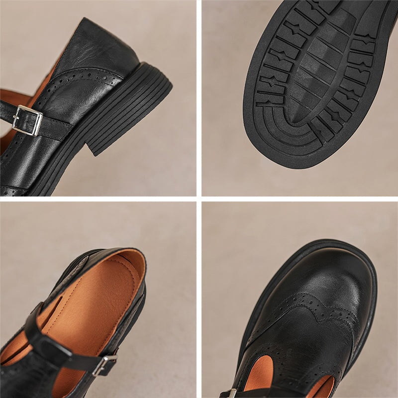 Women's Leather Mary Jane Shoes with T-Strap Buckle | Brogue Detail and Low Block Heel | Size 5-10.5, Brown or Black