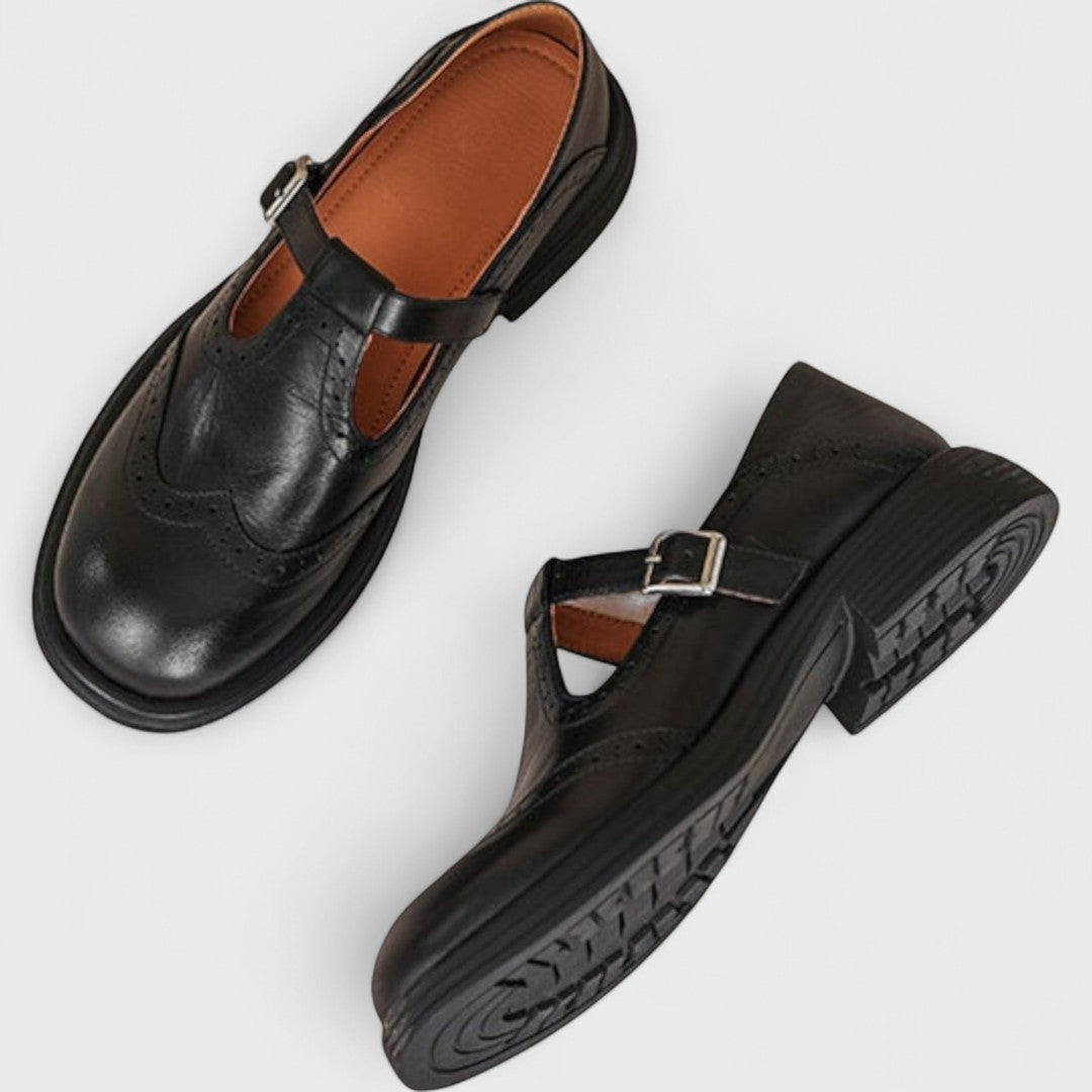 Women's Mary Jane Shoes, Brogue Detailing, Buckle Strap