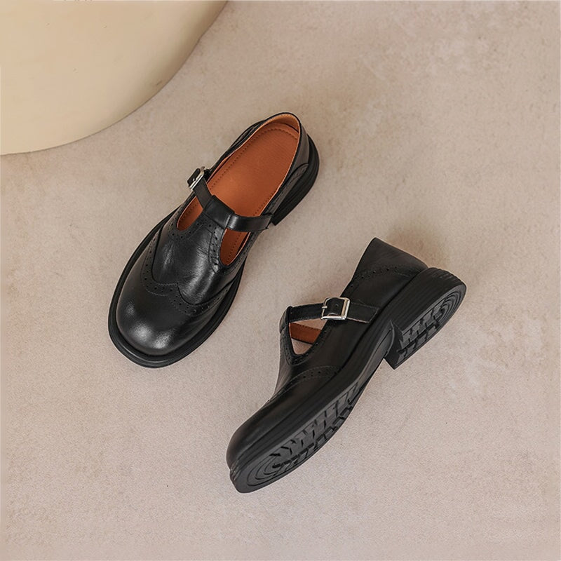 Women's Leather Mary Jane Shoes with T-Strap Buckle | Brogue Detail and Low Block Heel | Size 5-10.5, Brown or Black