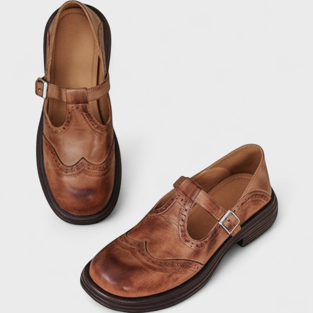 Women's Mary Jane Shoes, Brogue Detailing, Buckle Strap