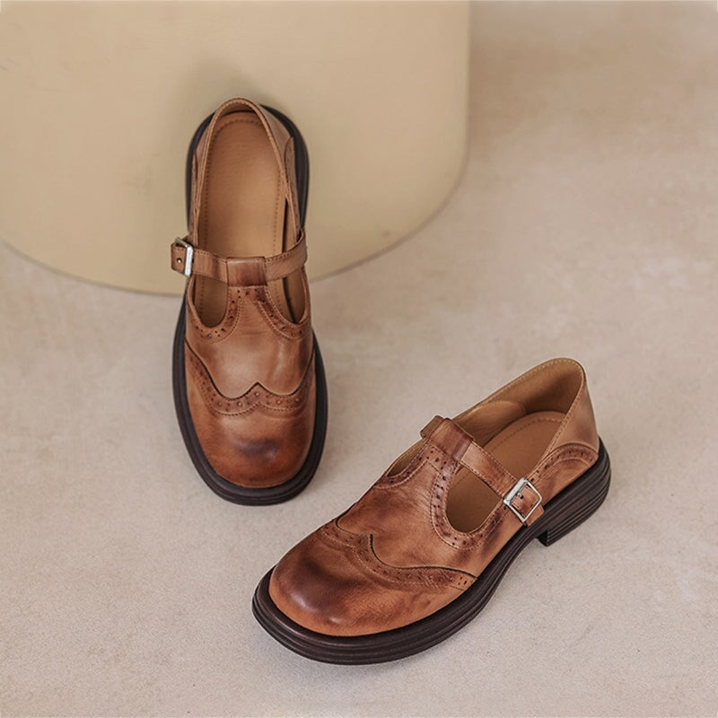 Women's Leather Mary Jane Shoes with T-Strap Buckle | Brogue Detail and Low Block Heel | Size 5-10.5, Brown or Black