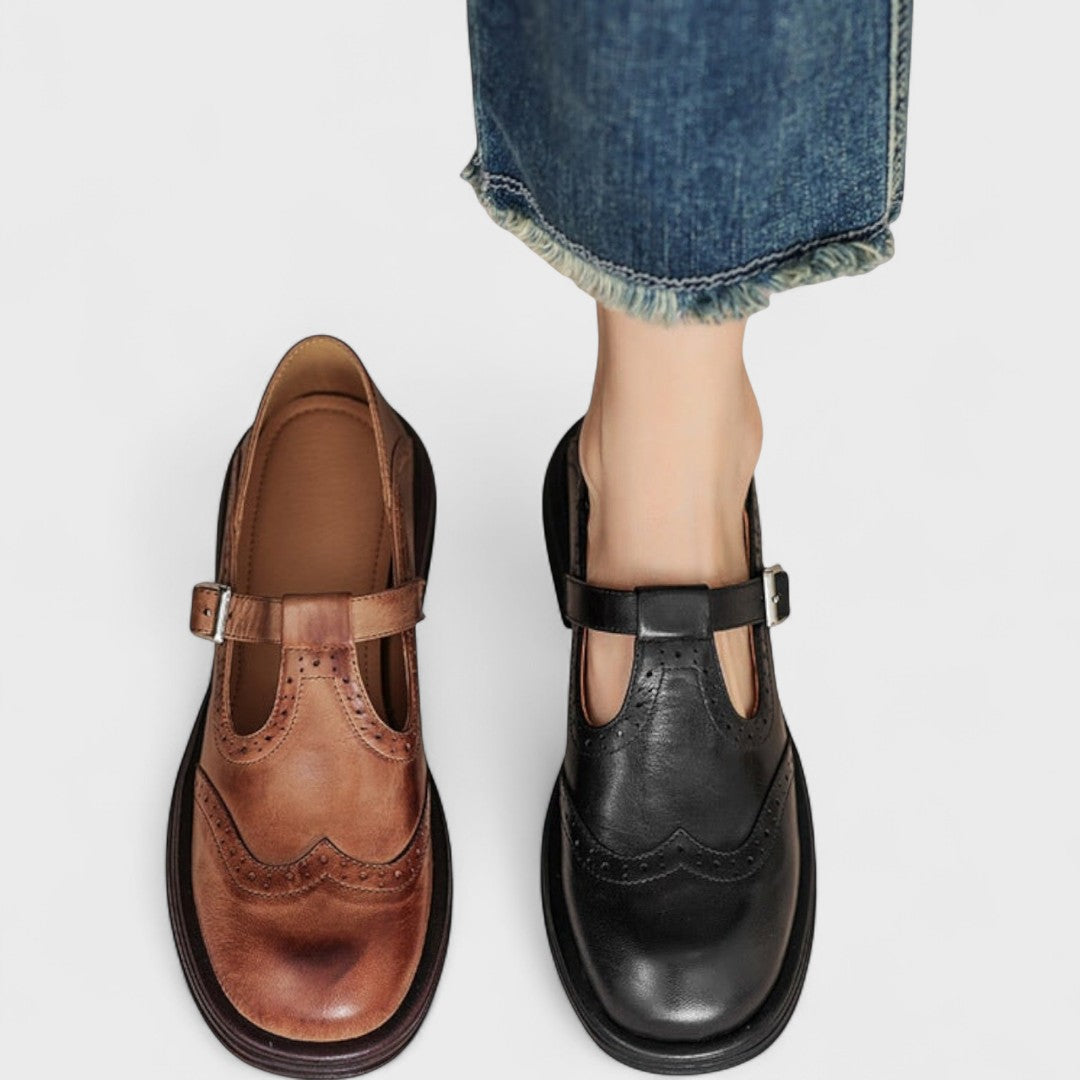 Women's Mary Jane Shoes, Brogue Detailing, Buckle Strap