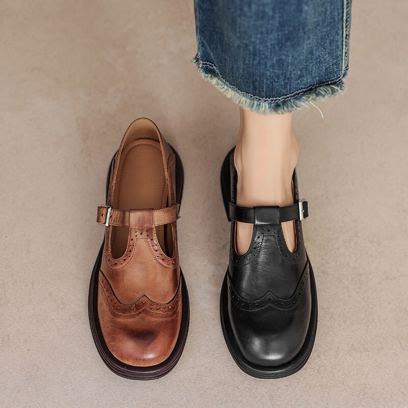Women's Leather Mary Jane Shoes with T-Strap Buckle | Brogue Detail and Low Block Heel | Size 5-10.5, Brown or Black
