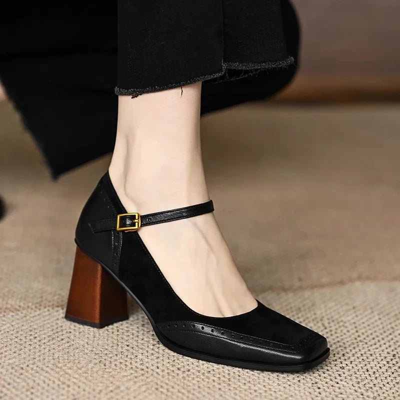 Mary Jane Shoes For Women | Square Toe Block Heel Buckle Strap