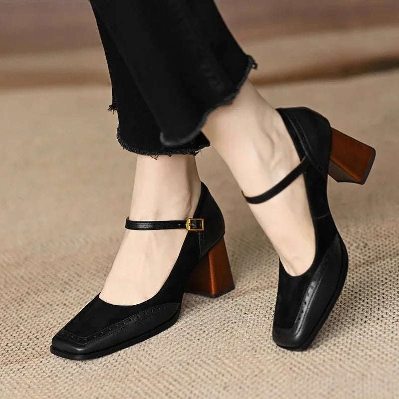 Mary Jane Shoes For Women | Square Toe Block Heel Buckle Strap