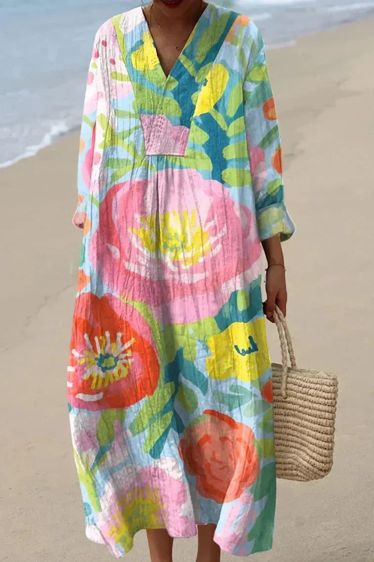 Maureen | V-Neck Floral Summer Maxi Dress with Long Sleeves