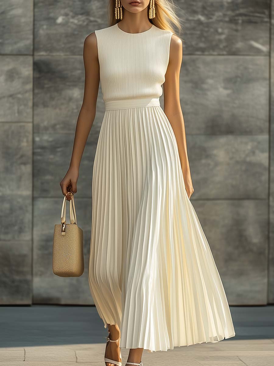 Women's Cream Maxi Dress with Pleated Skirt | Sleeveless Ribbed Knit Bodice, Round Neck | Sizes XS-2XL