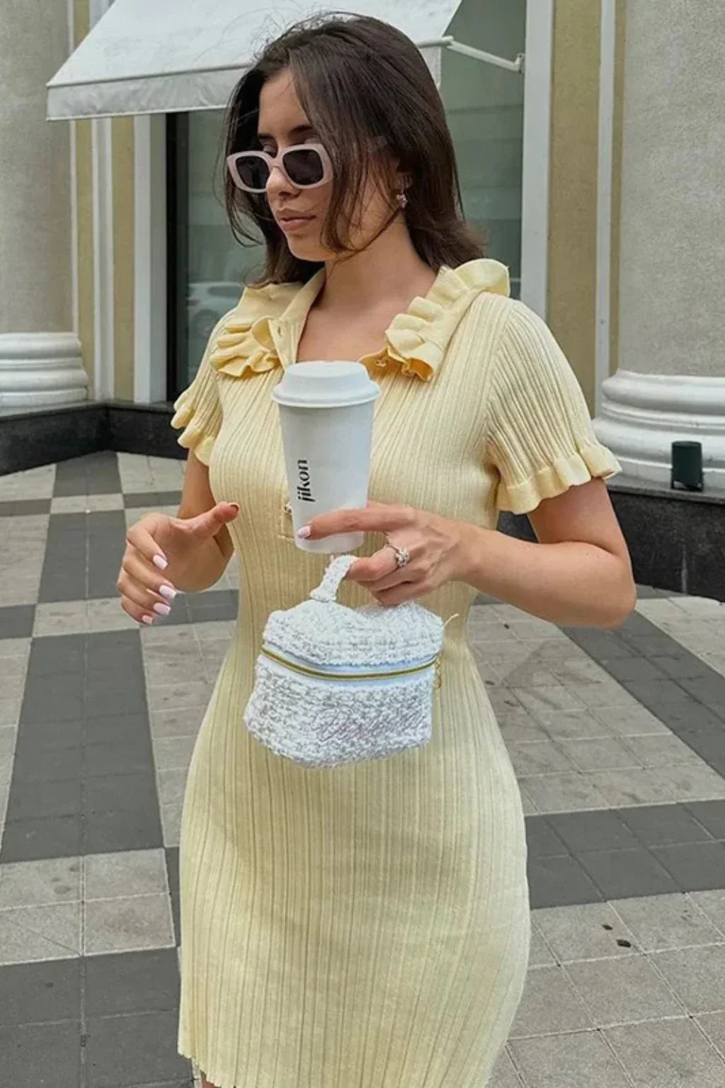 Maya | Women's Ribbed Knit Bodycon Summer Mini Dress with Button Front and Peter Pan Collar