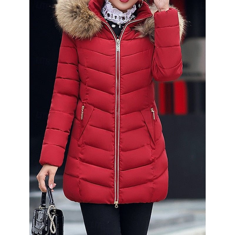 Women's Parka with Quilted Panels and Hood | Zip Closure, Pockets | For Winter | Size M-3XL | Wine Red, Red, Army Green, Black