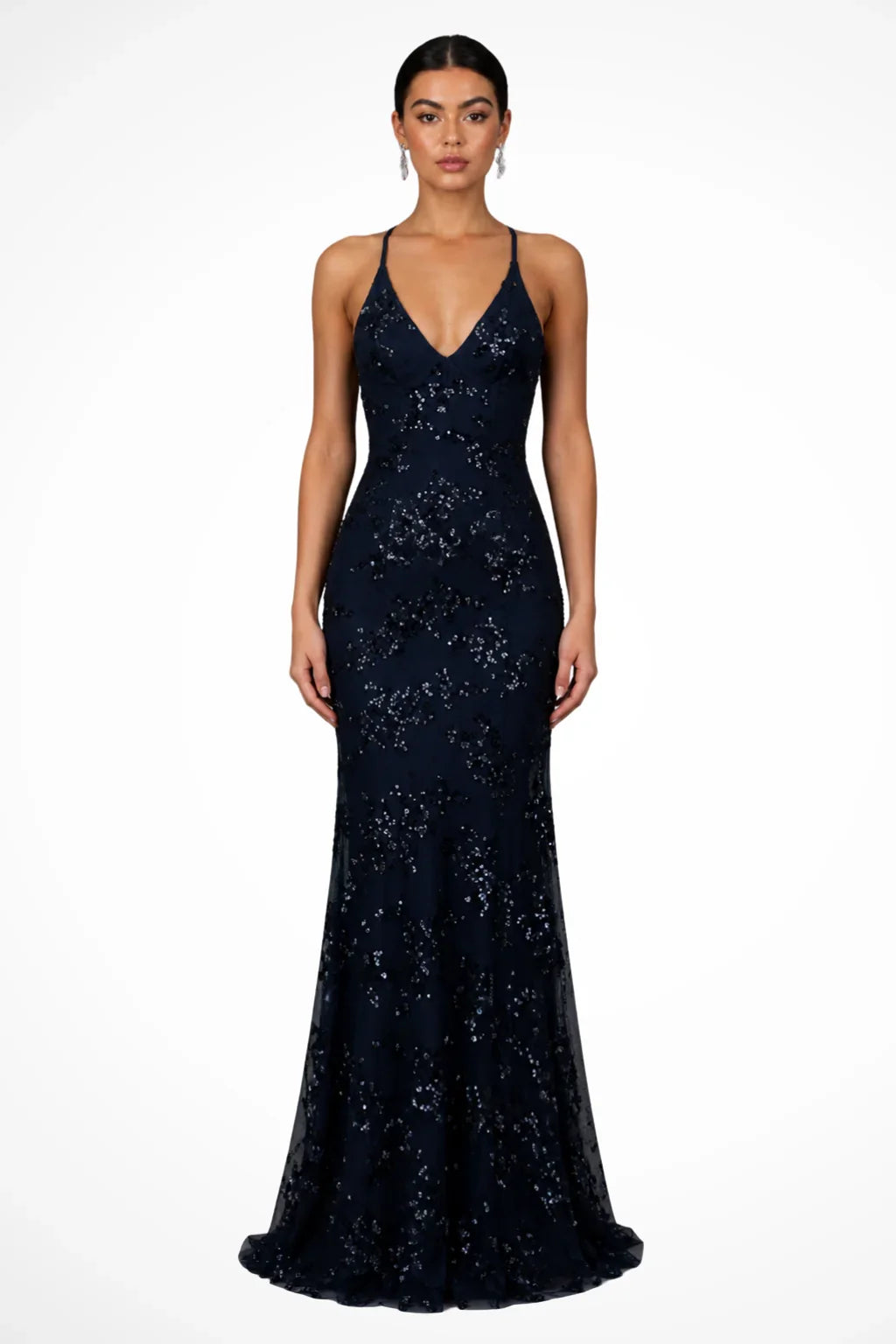 Melissa | V-Neck Sequin Formal Maxi Dress with Cross Back Straps