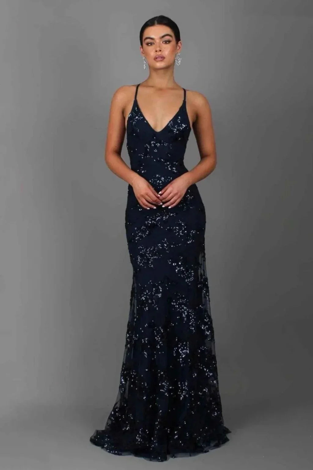 Melissa | V-Neck Sequin Formal Maxi Dress with Cross Back Straps