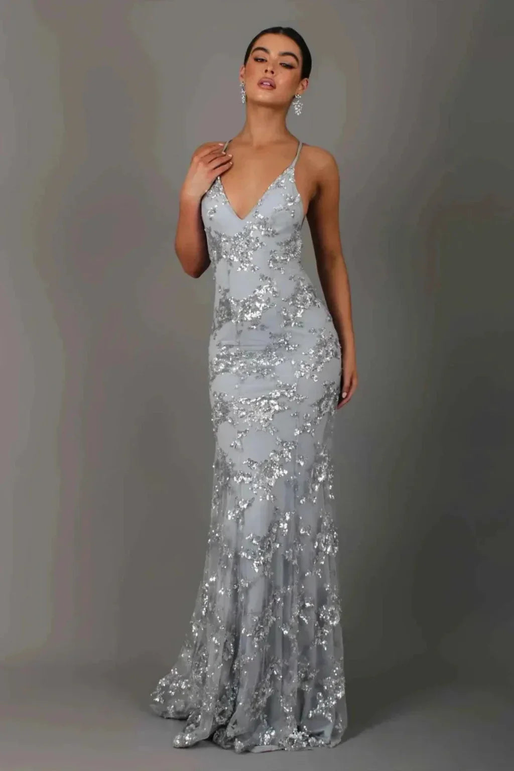 Melissa | V-Neck Sequin Formal Maxi Dress with Cross Back Straps