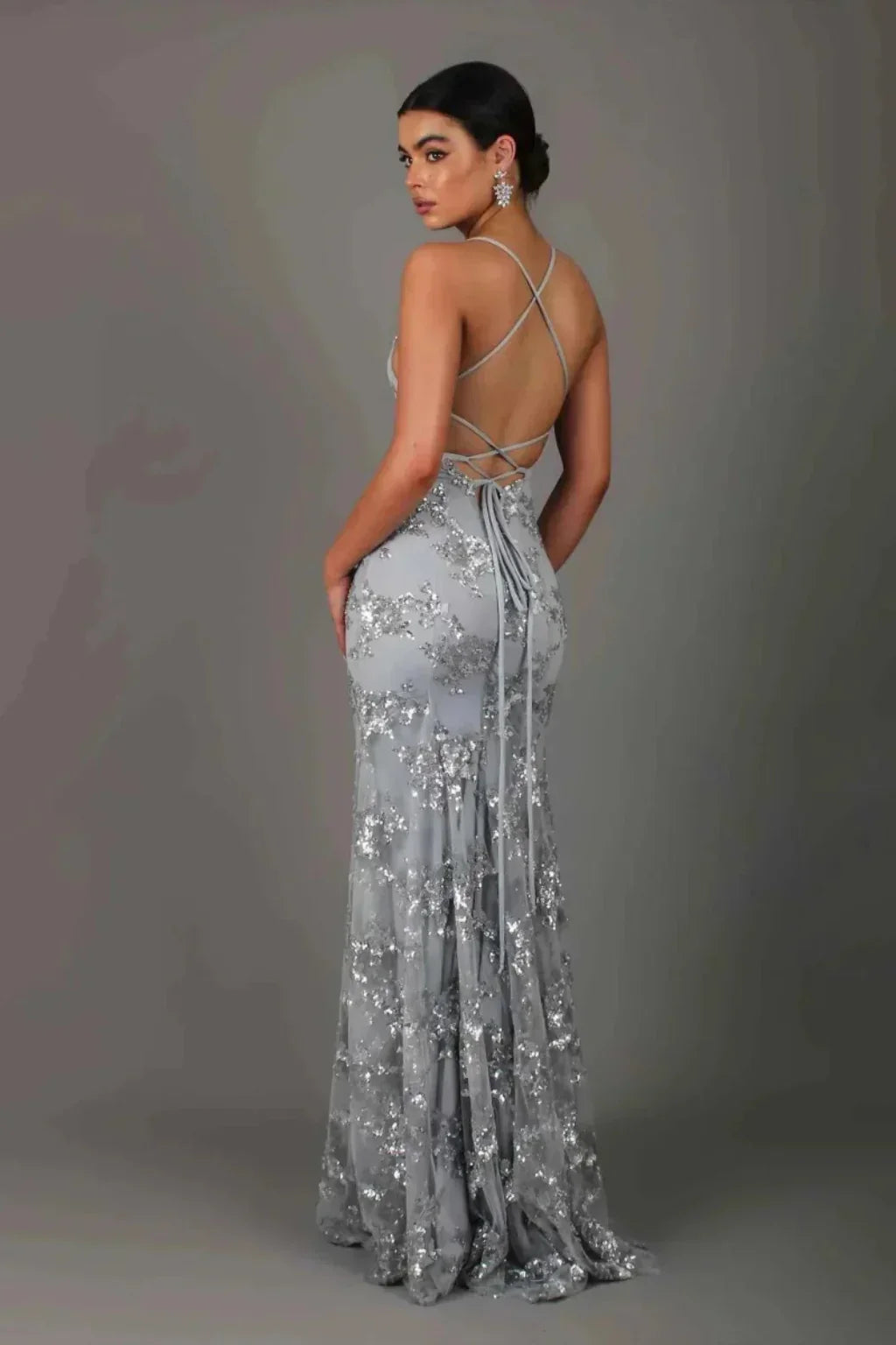 Melissa | V-Neck Sequin Formal Maxi Dress with Cross Back Straps