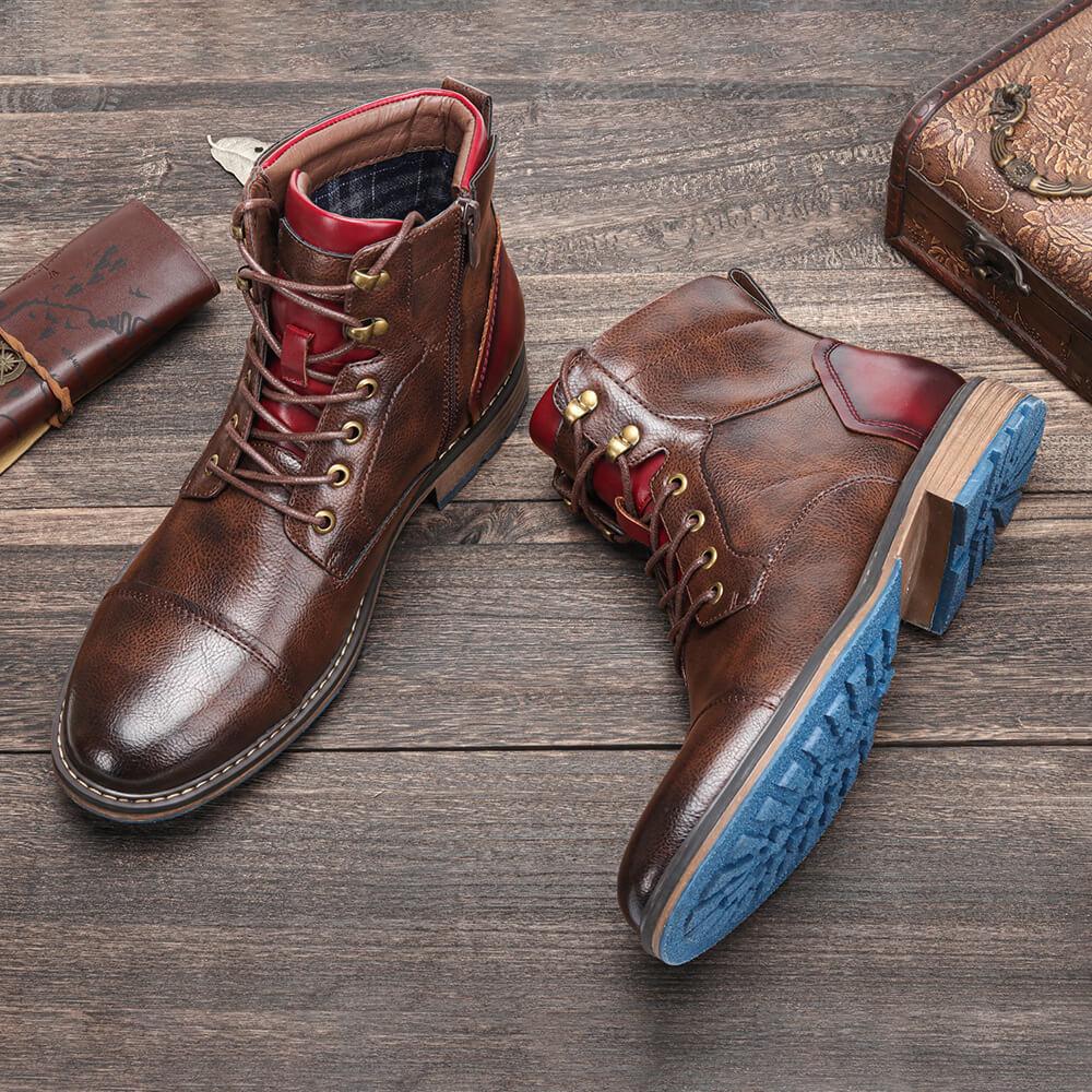 Men's Brown Lace-Up Ankle Boots, Side Zip, Round Toe
