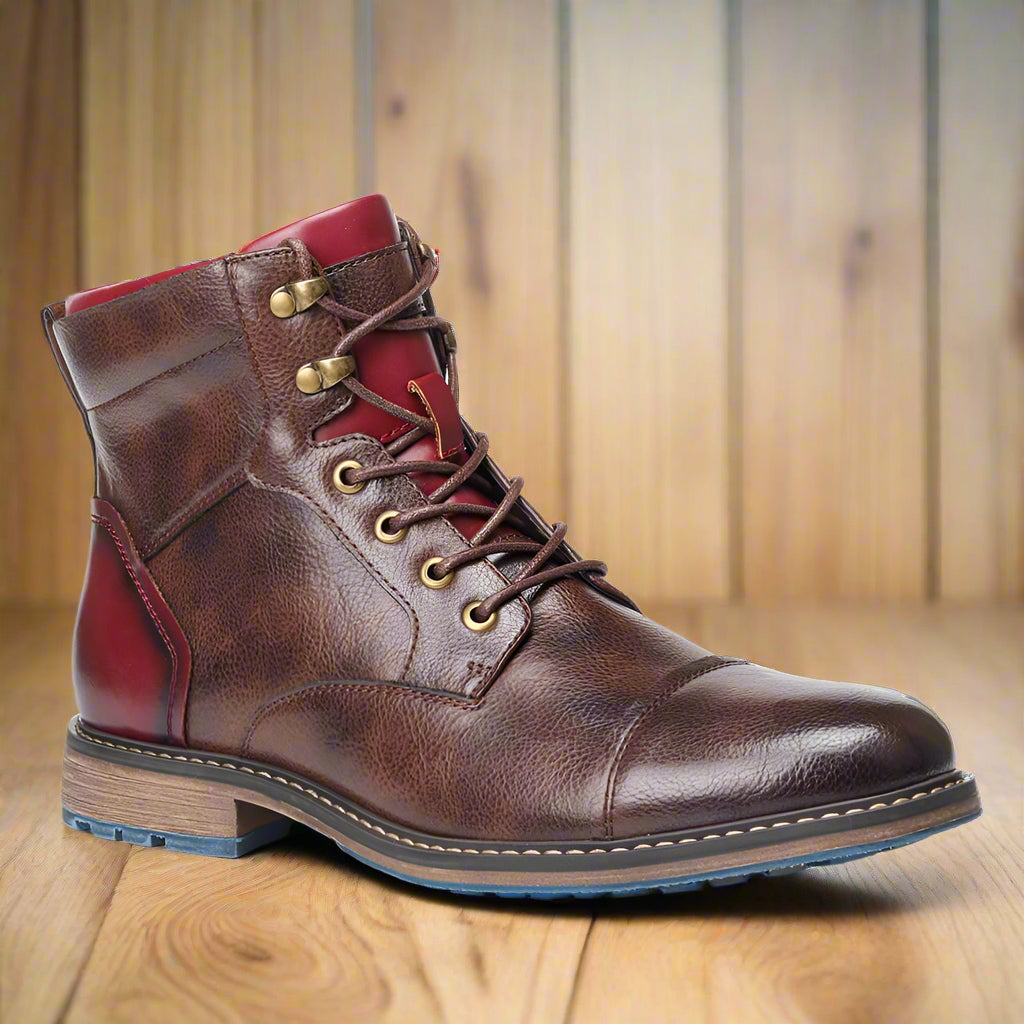 Men's Brown Lace-Up Ankle Boots, Side Zip, Round Toe