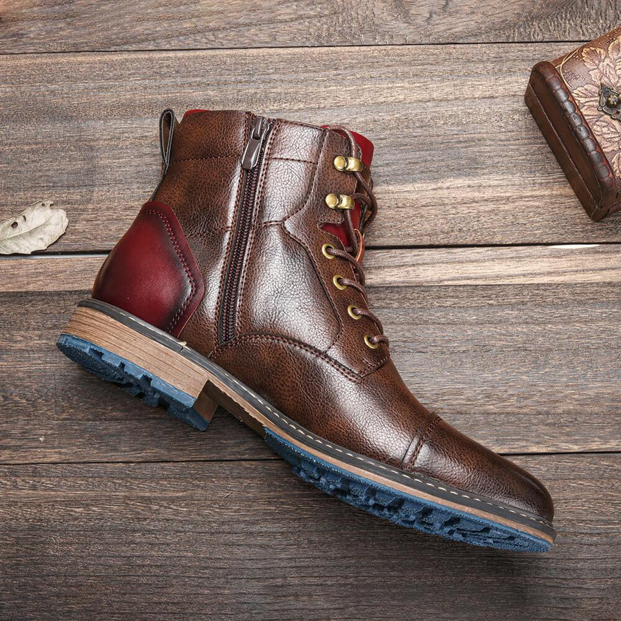 Men's Brown Lace-Up Ankle Boots, Side Zip, Round Toe