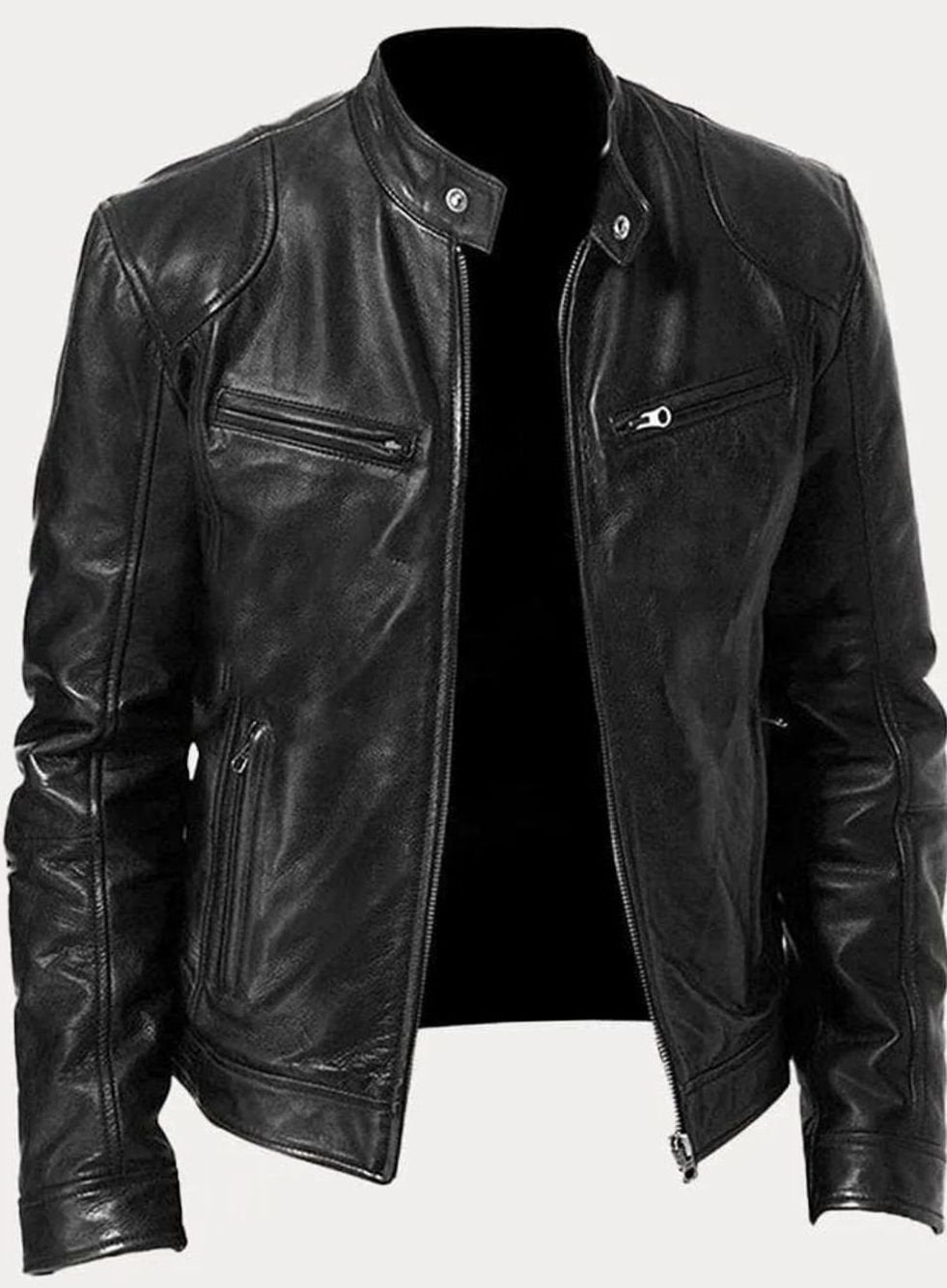 Men's Classic Moto Style Jacket Slim-Fit Zip-Up Leather Biker