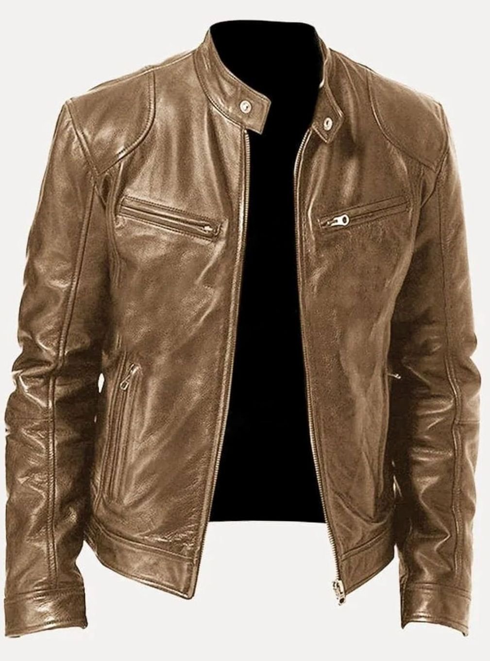 Men's Classic Moto Style Jacket Slim-Fit Zip-Up Leather Biker
