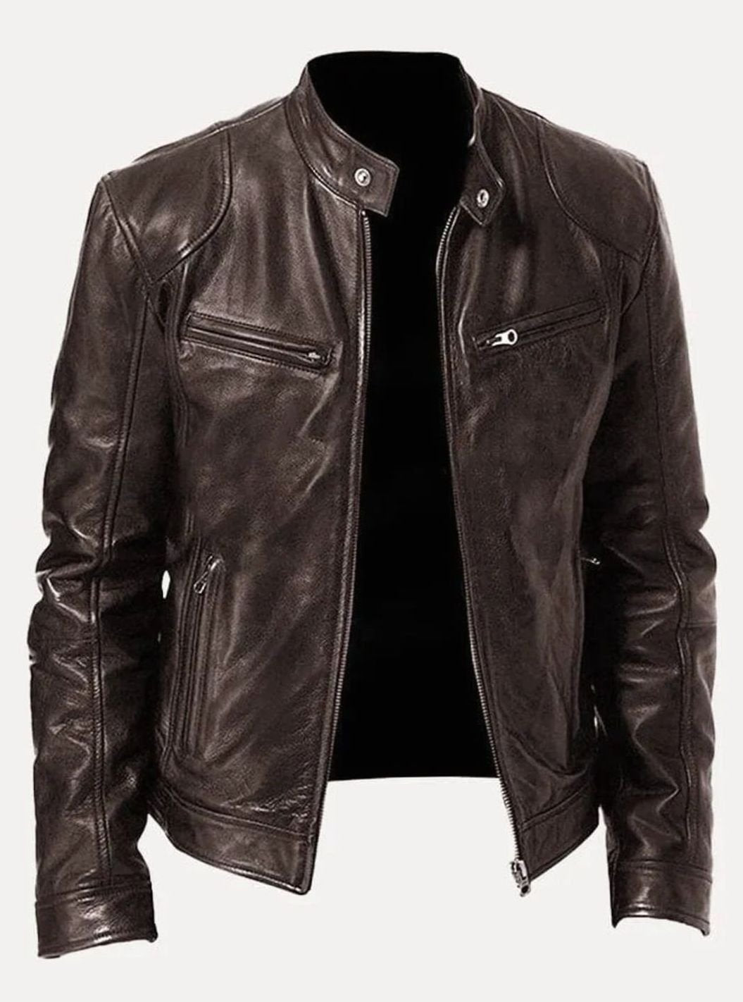 Men's Classic Moto Style Jacket Slim-Fit Zip-Up Leather Biker
