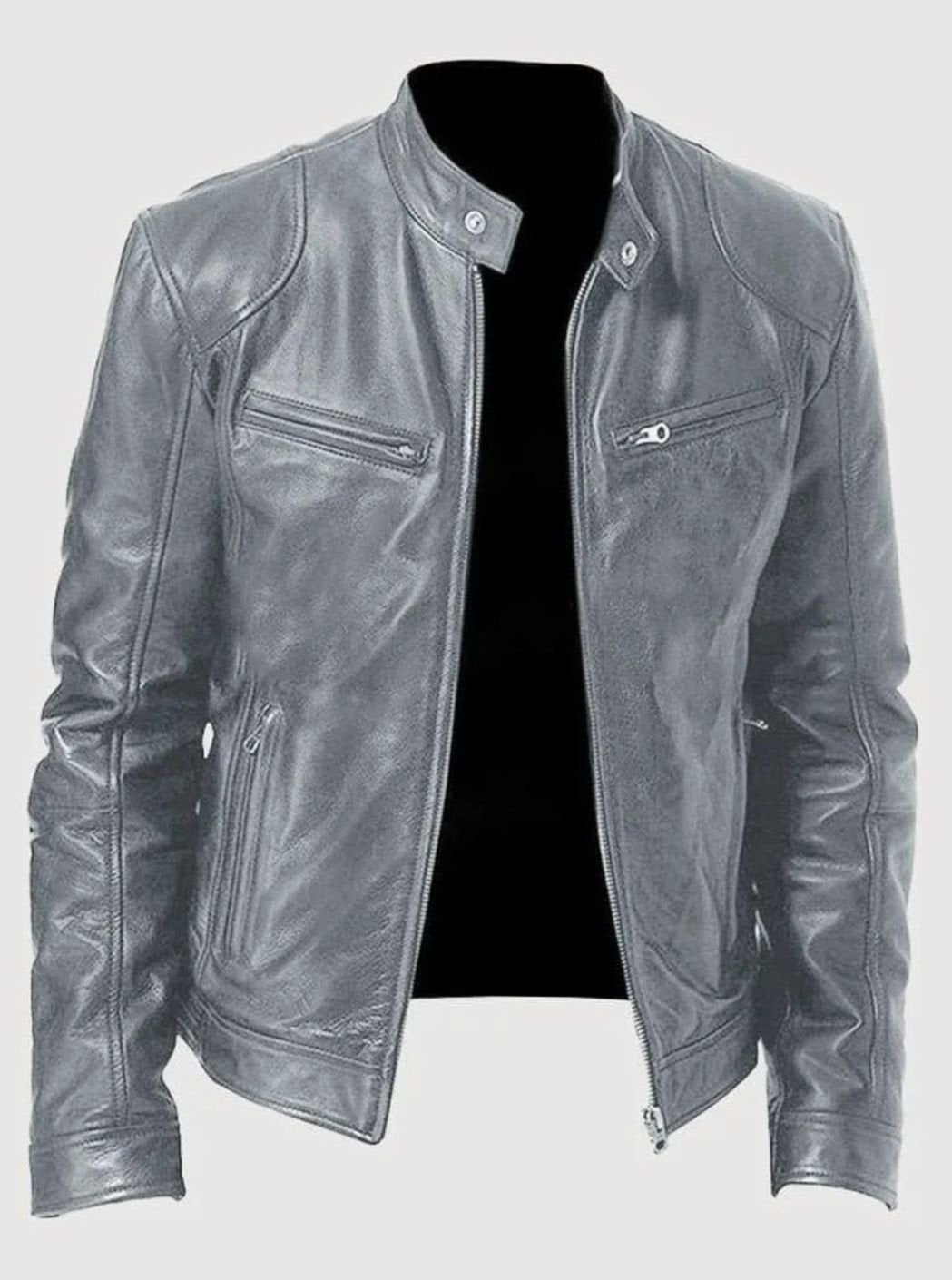 Men's Classic Moto Style Jacket Slim-Fit Zip-Up Leather Biker