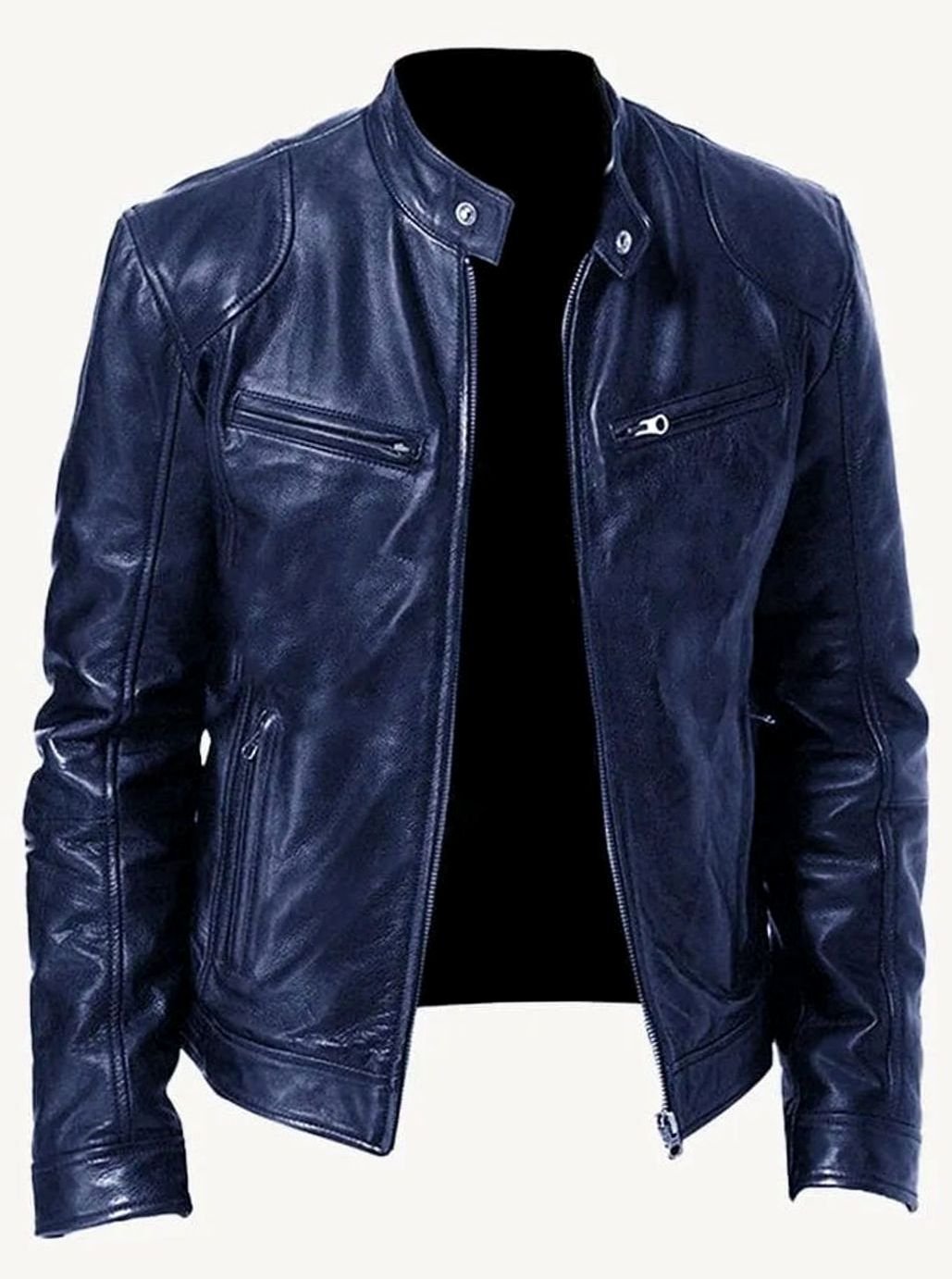 Men's Classic Moto Style Jacket Slim-Fit Zip-Up Leather Biker