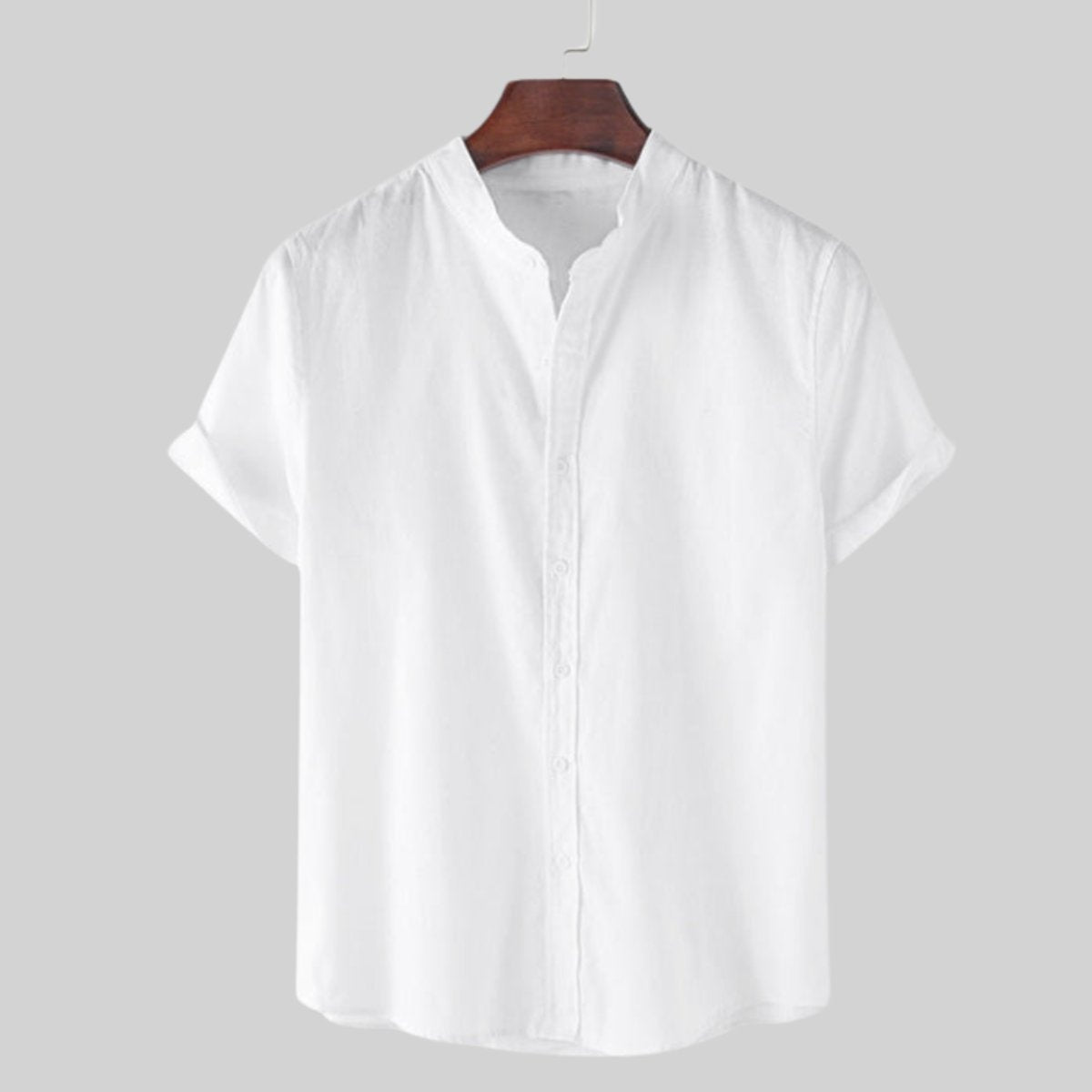 Men's Cotton Band-Collar Short-Sleeve Button-Up Shirt