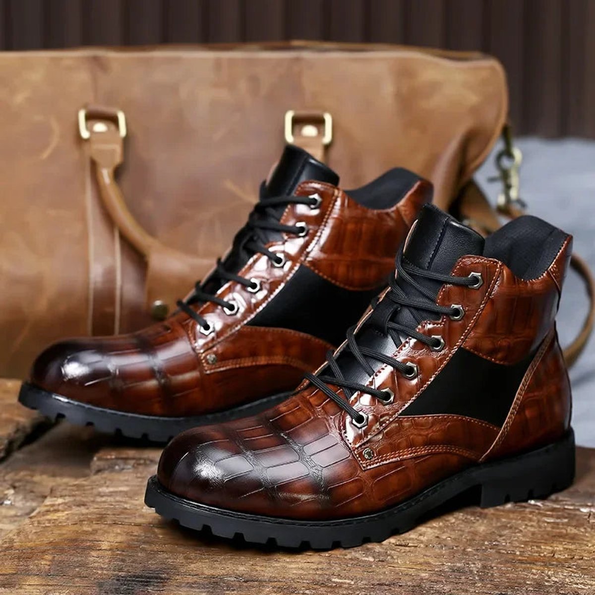Men's Crocodile-Embossed Lace-Up Leather Ankle Boots