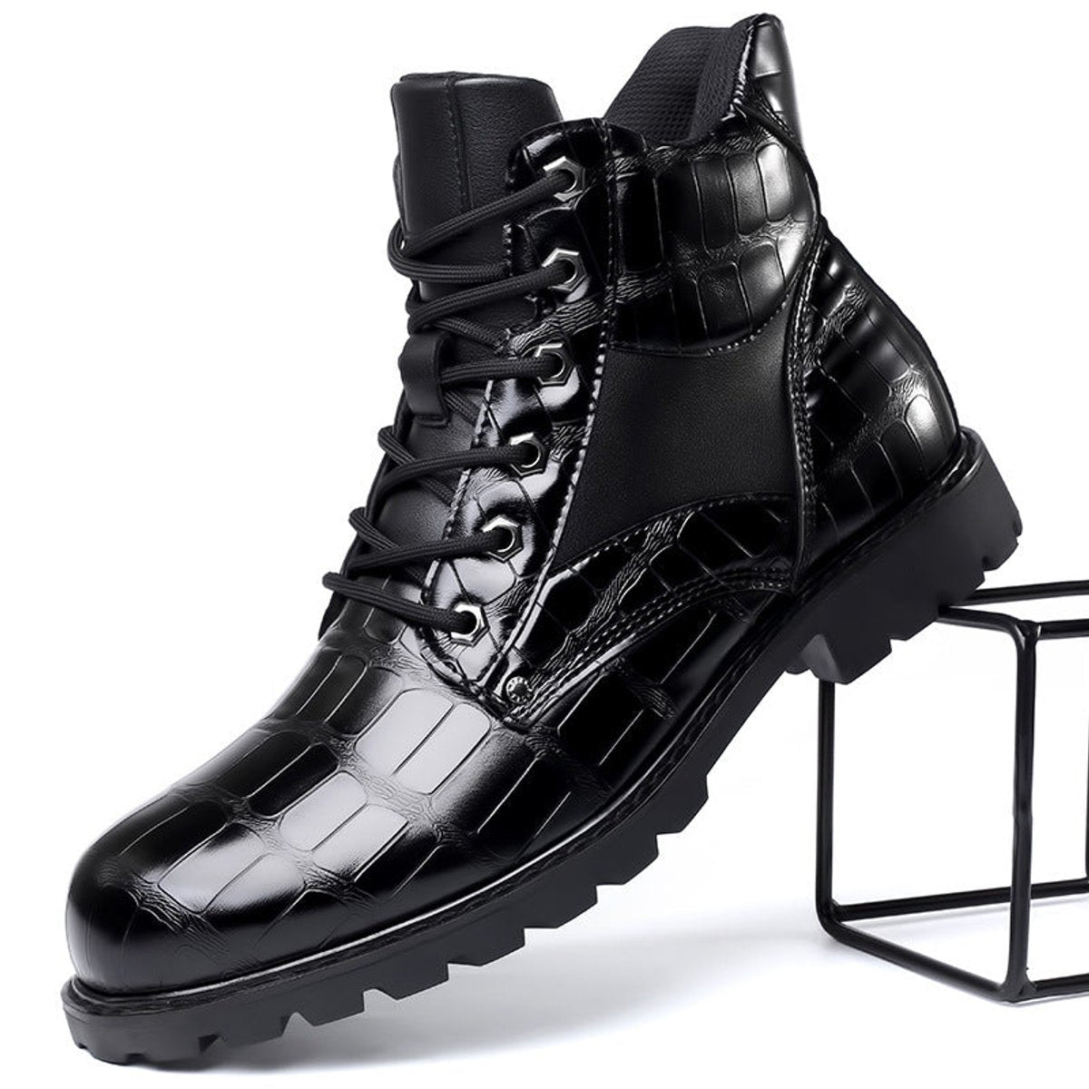 Men's Crocodile-Embossed Lace-Up Leather Ankle Boots