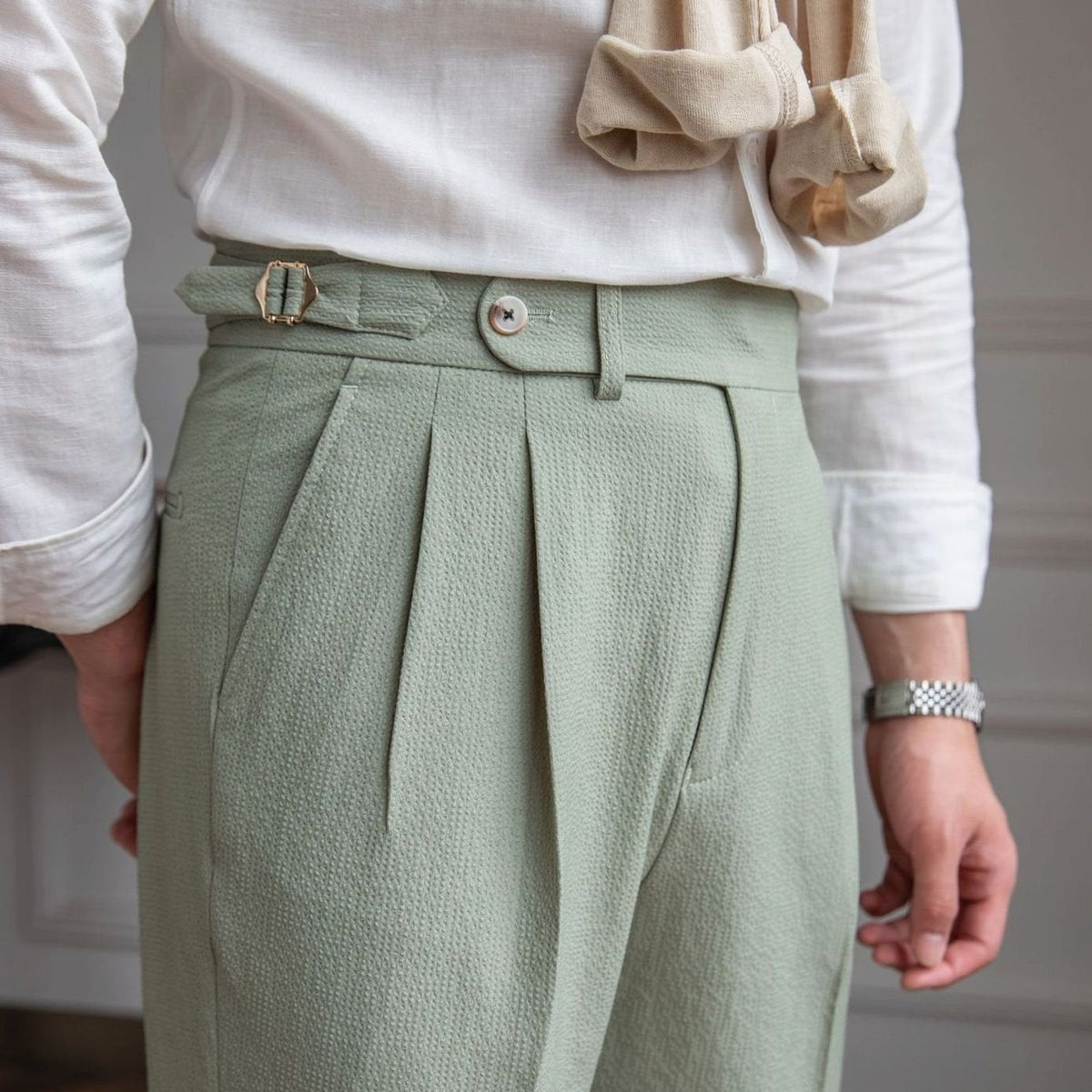 Men's High-Waist Tailored Pleated Trousers Cuffed Dress Pants