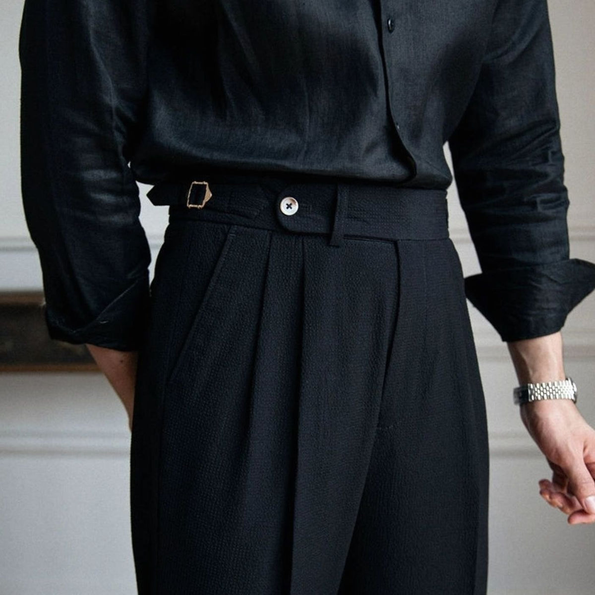 Men's High-Waist Tailored Pleated Trousers Cuffed Dress Pants