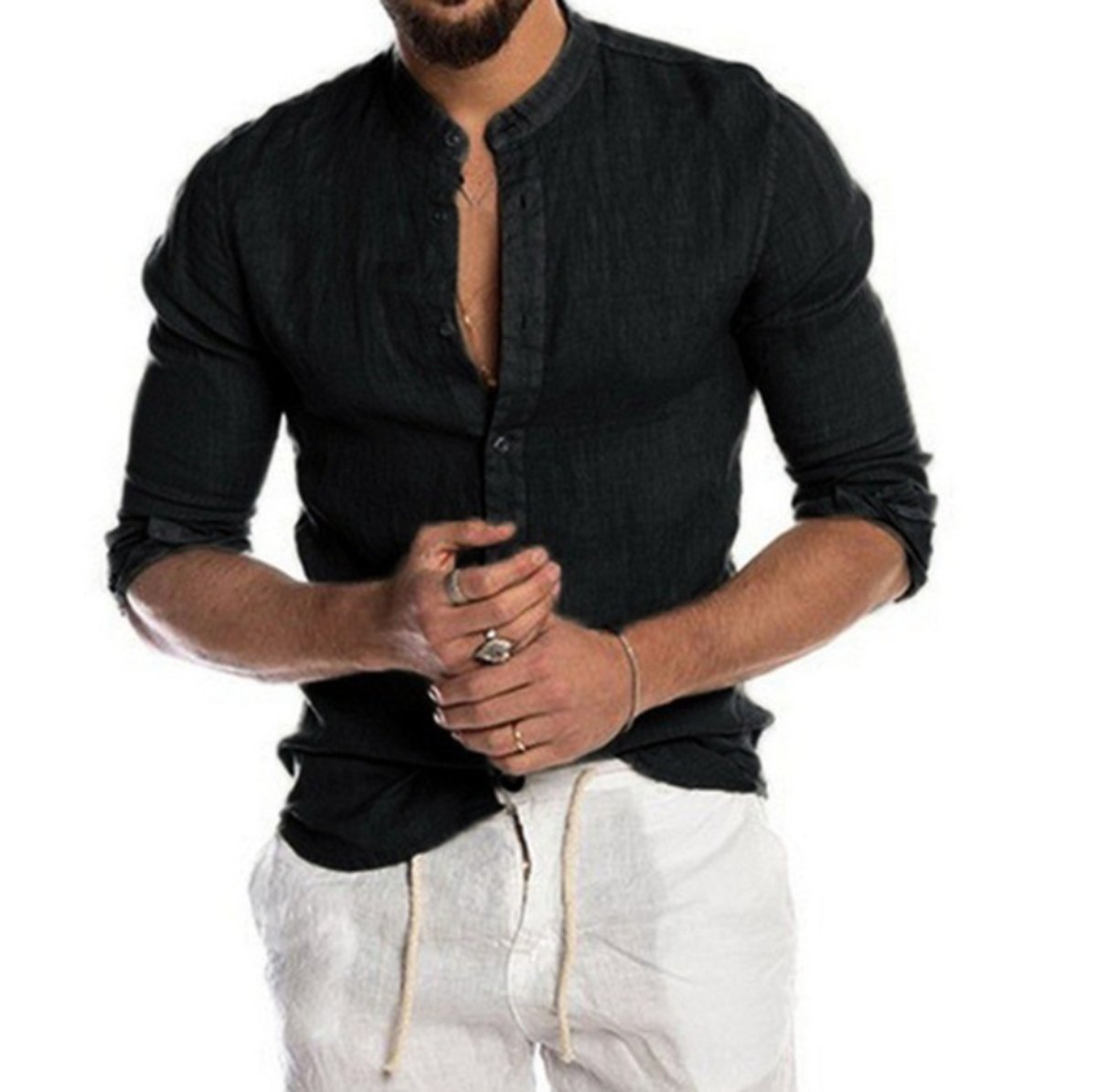 Men's Relaxed-Fit Linen Button-Down Collarless Long-Sleeve Shirt