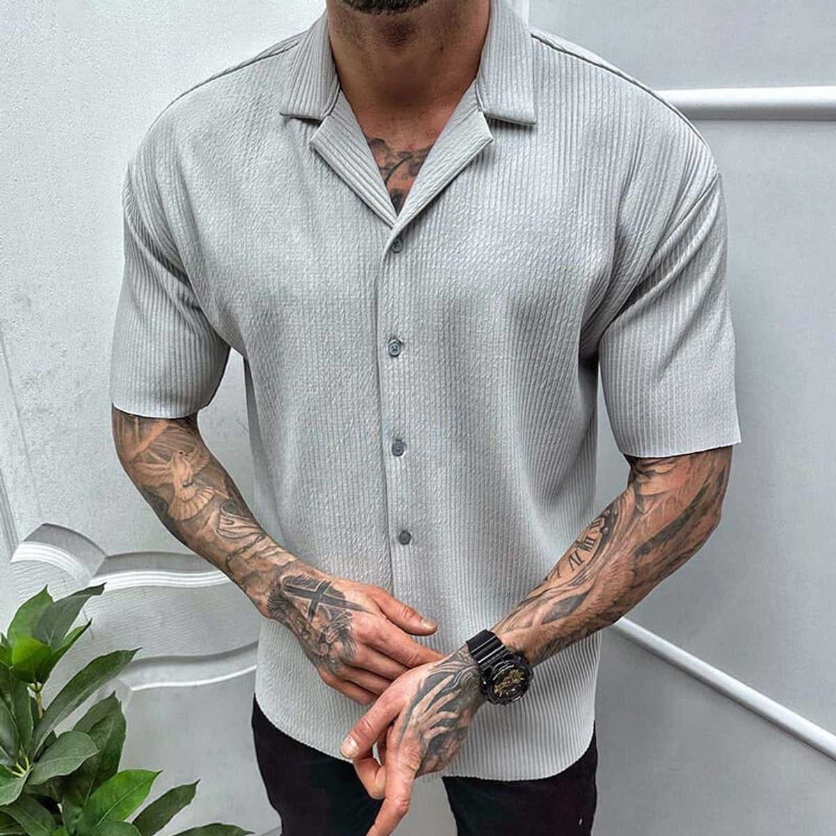 Men's Ribbed-Knit Cuban-Collar Short-Sleeve Button-Up Shirt
