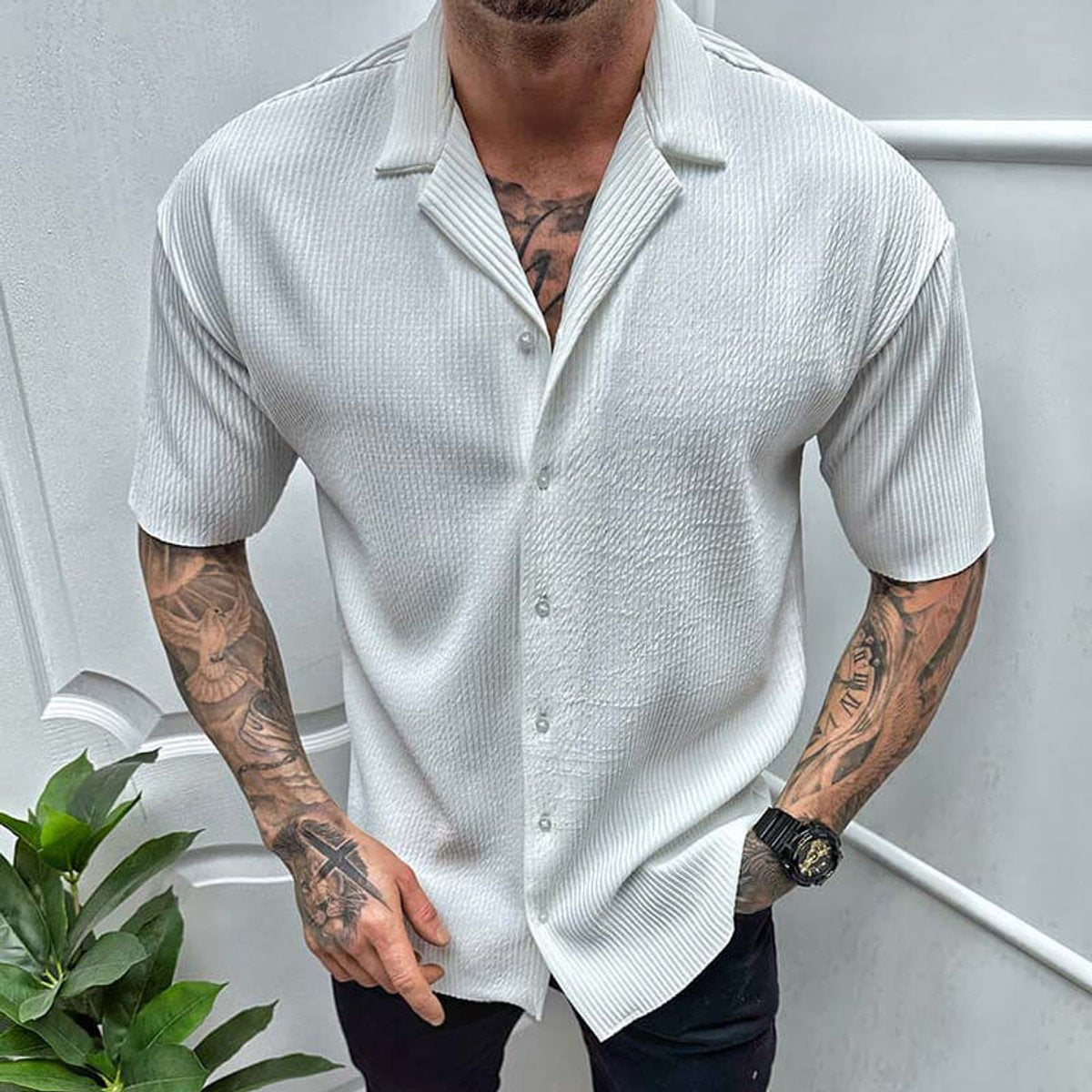 Men's Ribbed-Knit Cuban-Collar Short-Sleeve Button-Up Shirt