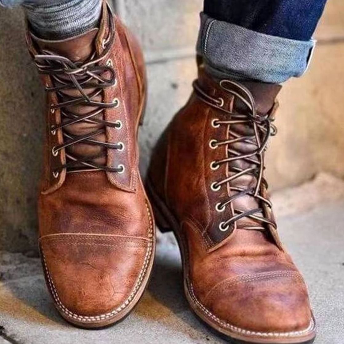 Men's Rugged Leather Lace-Up Boots Ankle Cap-Toe