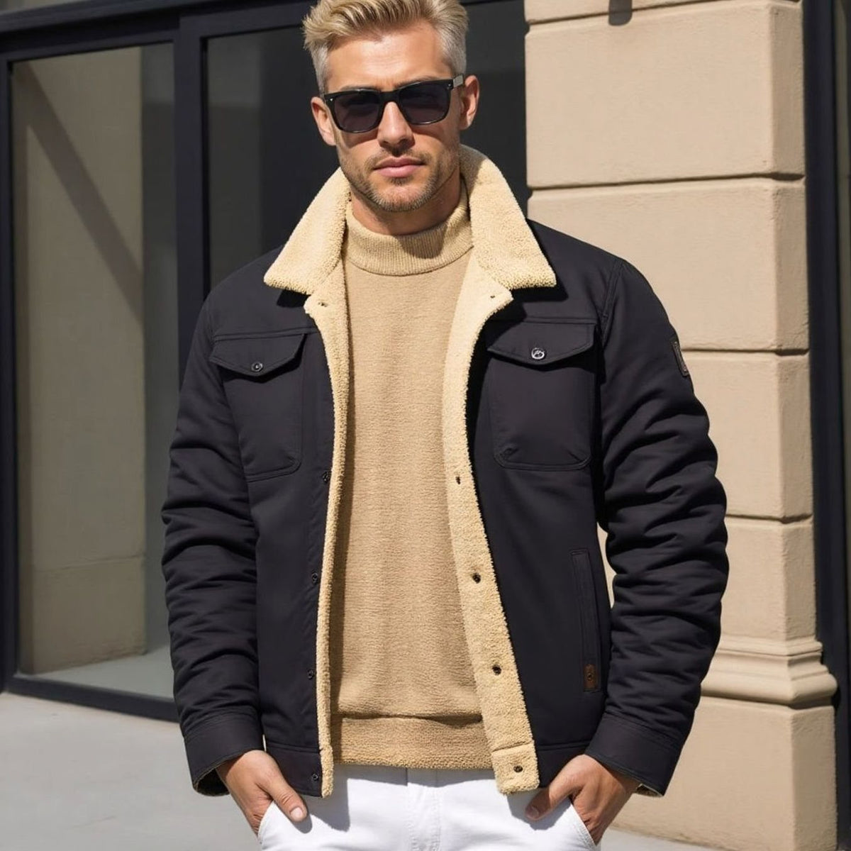 Men's Sherpa-Lined Fleece Collar Outdoor Casual Jacket