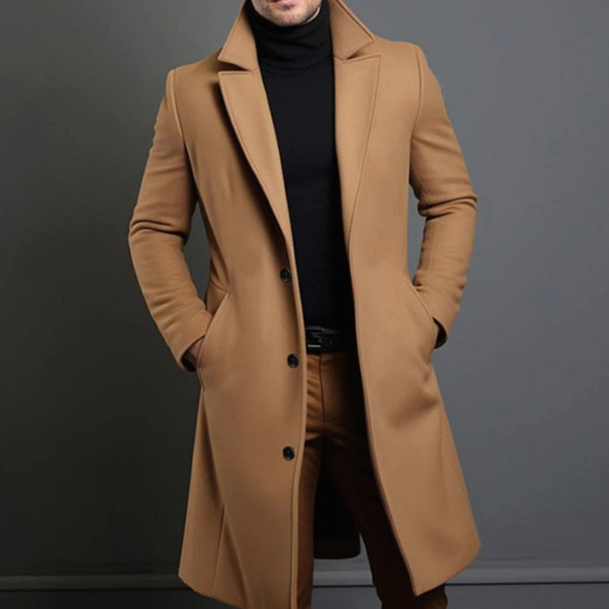 Men's Slim-Fit Long Wool Coat Tailored Overcoat