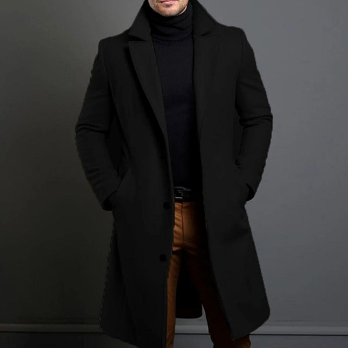 Men's Slim-Fit Long Wool Coat Tailored Overcoat