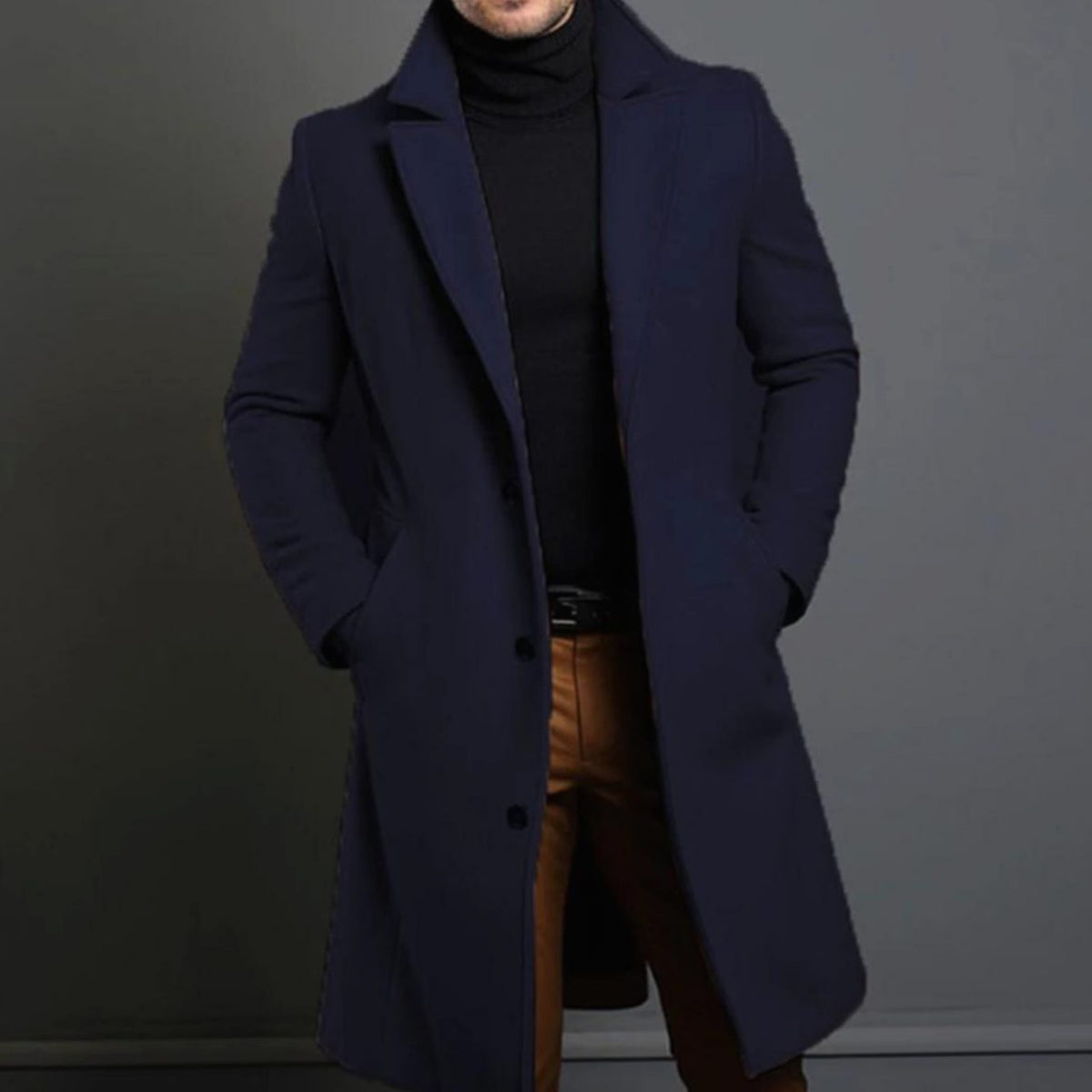Men's Slim-Fit Long Wool Coat Tailored Overcoat