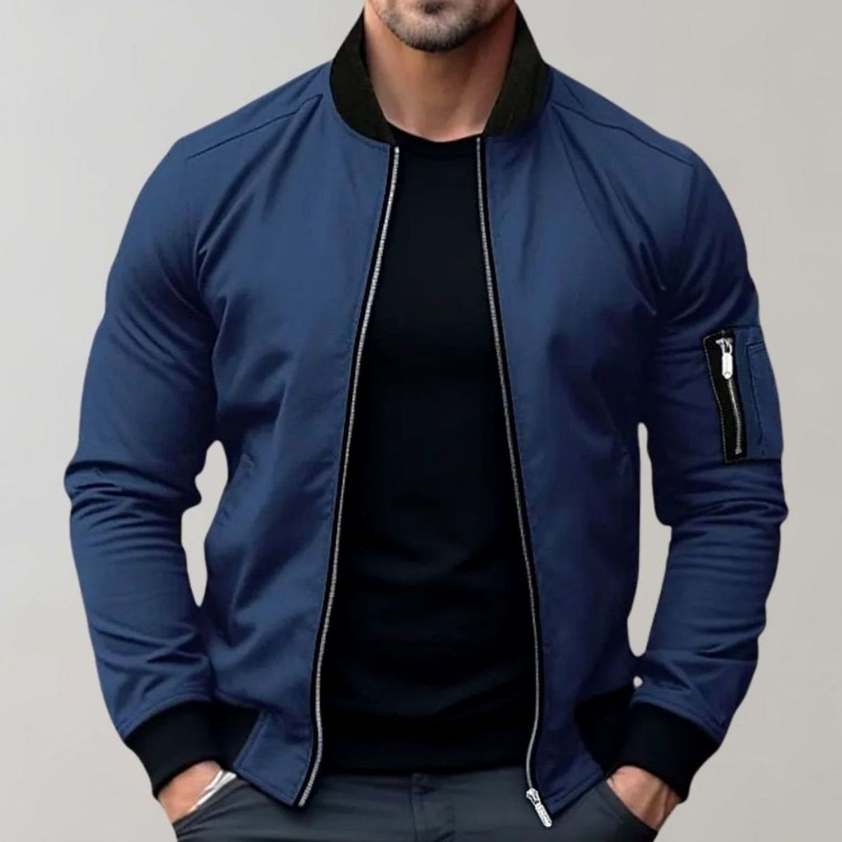 Men's Slim-Fit Zip-Up Bomber Jacket Ribbed-Collar Sleeve Pocket