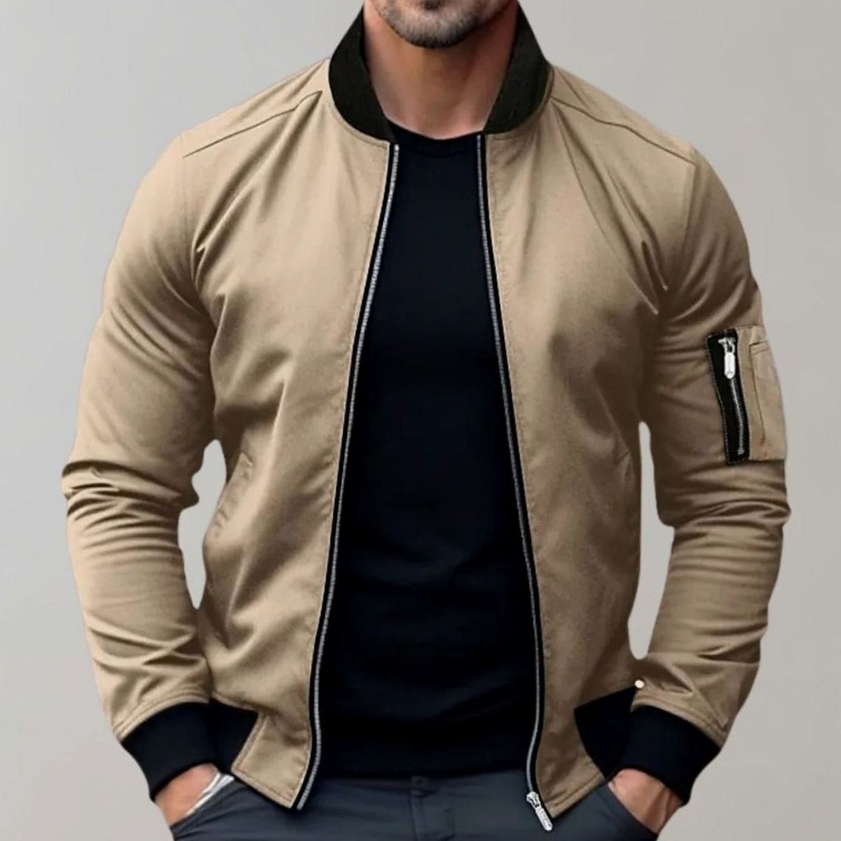 Men's Slim-Fit Zip-Up Bomber Jacket Ribbed-Collar Sleeve Pocket