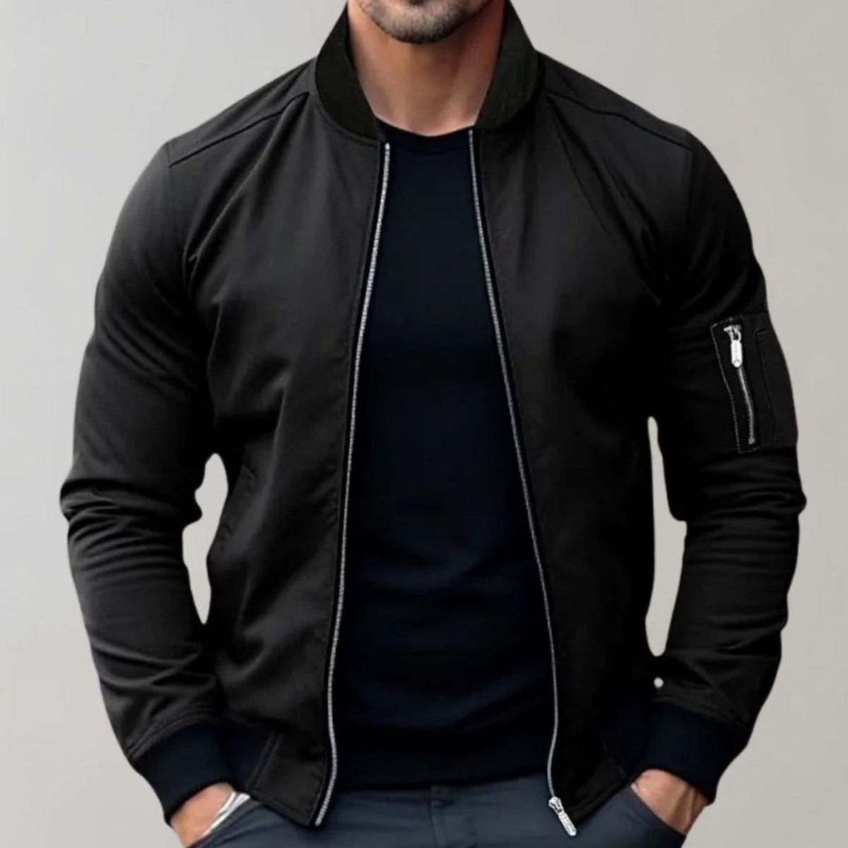 Men's Slim-Fit Zip-Up Bomber Jacket Ribbed-Collar Sleeve Pocket