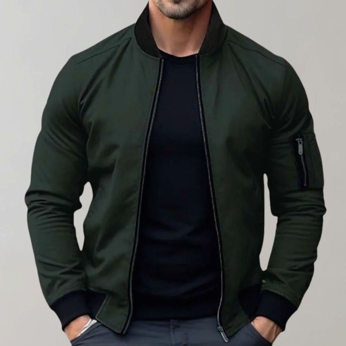 Men's Slim-Fit Zip-Up Bomber Jacket Ribbed-Collar Sleeve Pocket