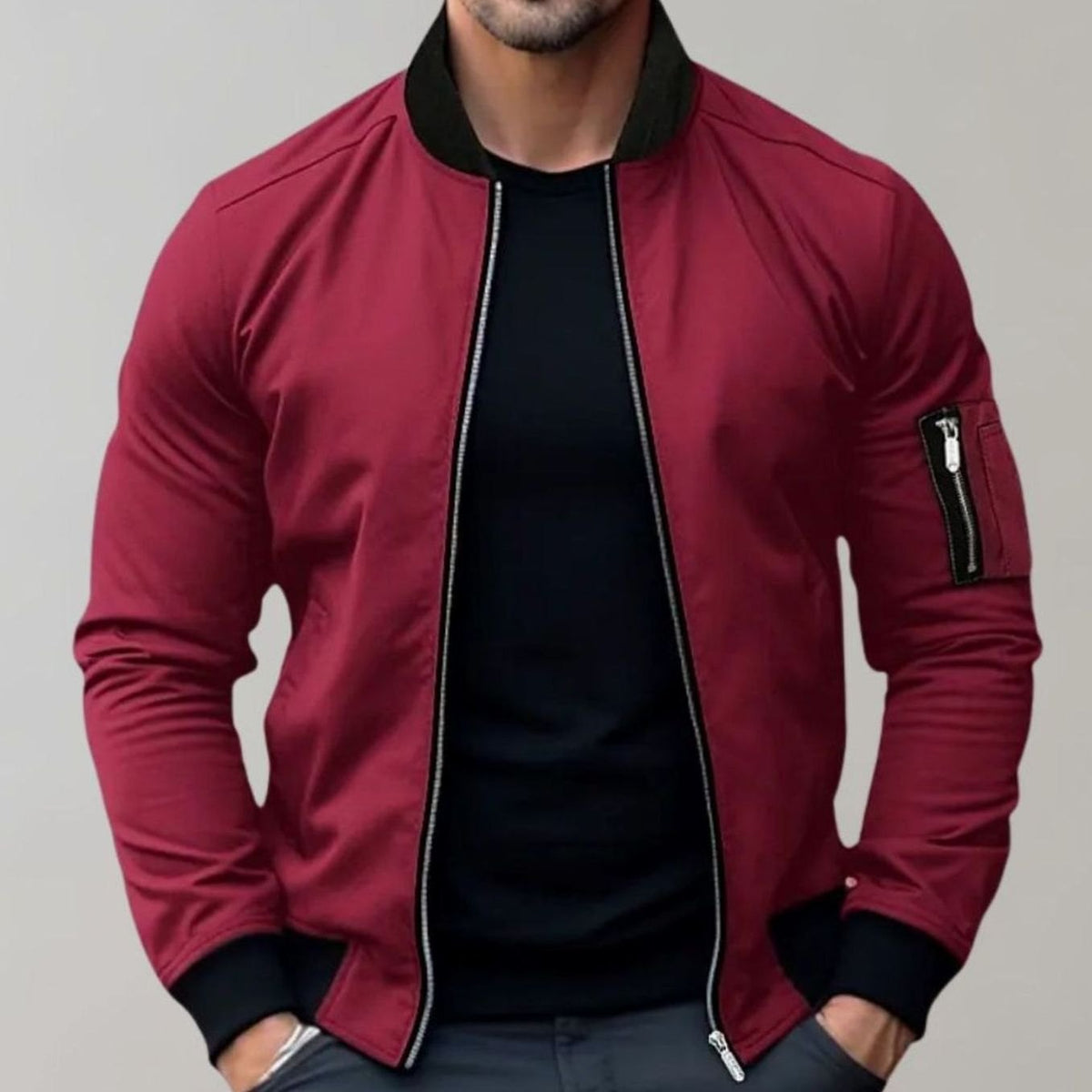 Men's Slim-Fit Zip-Up Bomber Jacket Ribbed-Collar Sleeve Pocket